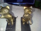 Vintage Brass Cat Holding Door Stop Stopper With Black Wood Wedge Base Set Of 2