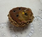 Vintage Antique Pin Cushion  Small Woven Straw Basket  Round  Velvet Fabric
