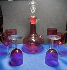 Vtg Hand Blown Decanter Cranberry Glass Stopper 6 Hand Blown Wine Glasses 1960 s