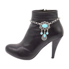 Women Silver Metal Chain Boot Bracelet Ethnic Shoe Turquoise Blue Flower Charm