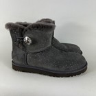 Ugg Mini Bailey Button Ii Snow Boots Women s 9 Gray Suede Pull On Round Toe