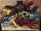 Vintage Framed Needlepoint Sewing Still Life Yarn Fabric Fiber Art 14x11