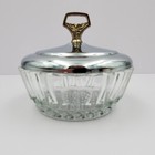 Vintage Crystal 4 5  Boudoir Powder Jar Polished Metal Lid Diamond Pattern Base