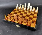 Antique Hand Carved Chinese Artisan Chess Set With Board Case