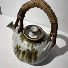 Vintage Art Pottery Teapot Can Weaved Tied Handle Artist Signed Retro Chip 