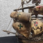 Vintage Pinta Sailing Ship Model Metal Canvas Sails Brown Nautical Decor