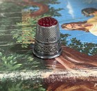 Vintage Hammered Sterling Silver Thimble Red Glass Carnelian Stone Top Germany