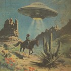 Vintage Ufo Cowboy Wall Art  Western Alien Sci-fi Decor  Cactus Flower Uap Print
