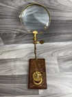 Vintage Style Magnifier Magnifying Glass On Wooden Style Desk Top Stand Carved