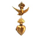 Vintage Sacred Heart Ex Voto Locket With Dove     Antique Brass Milagro Ornament