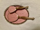 Vtg Gold Tone Vanity Set-tray  Hand Mirror    Brush W  Pink Woodgrain 