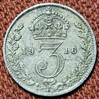 1916 United Kingdom 3 Pence George V Silver Coin Vf Km 813