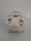 Vtg 1950s Floral Porcelain Pin Cushion W  Lid  Handle   3 Feet Made In Japan 