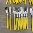36 Vintage Yellow Green Plastic Handle Flatware Silverware Stainless Taiwan Mcm