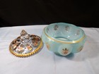 Large Fenton Blue Overlay Glass Melon Dresser Puff Box W  Enamel Decoration Inv4