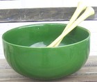 Salad Bowl Set Green Pottery Bowl Plastic Utensils Vintage Mid Century Tableware