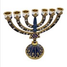 Vosarea Vintage Hanukkah Menorah Candle Holder 7 Branch Blue Gold Judaica Decor