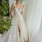 Boho Wedding Dresses Full Lace 3d Flower V-neck A-line Bridal Gowns Train 