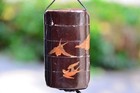 Japanese Antique Maki-e Lacquer Rabbits Inro Netsuke Pill Box Wooden From Japan