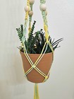 Macrame Cotton Cord Plant Hanger 34  Wooden Beads Metal Ring Yellow Lt Green