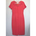 Maggy London Silk Dress Women 12 Coral Pink Embroidered Button Front Midi Church