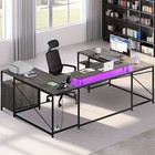 U Shaped Desk With Power Outlets   Led Lights 79  Reversible With Drawers Grey