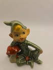 Vintage Lefton Green Pixie Elf Leaning On Mushroom Ceramic Figurine 3 25 