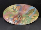 Vintage Signed Enamel Copper Oval Dish Bowl Leaf Design Mcm Pastels Oak Fern