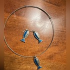 Blue Silver Fish Choker Necklace   Matching Earrings Jewelry Set Y2k Beach