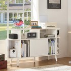  Large Round Record Player Stand With Charging Station   Fluted Panel  White Mid