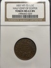 1837 Half Cent Of Copper Hard Times Token Ngc Ms 63 Brown Bn Ht-73 Copper