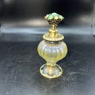 Vintage Glass Perfume Bottle Ornate Brass Cap Iridescent Finish Gem Accents Read