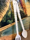 Vintage Tiki Mcm Large Carved Wooden Fork And Spoon Wall Decor Bar Totem Hawaii