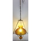 Vintage Amber Glass Swag Lamp Hanging Light 10in Gold Mcm Diamond Quilt Pattern