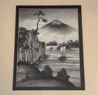 Vintage Framed Art Japanese Silk Painting Mt Fuji Landscape Sepia