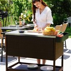 Outdoor Bar Cart Storage Cabinet Stainless Steel Top Lockable Wheels Brown