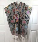 Vtg Mexican Hand Embroidered Gaban Poncho Cape With Peacock Design Fringe Boho