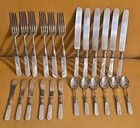 Set 24 Antique English Sterling Silver Band Mother Pearl Knife Fork Spoon C1900s