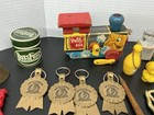 Vtg Junk Drawer Lot Skeleton Clock Key Bell Zippo Toys Tape Measure Opener Pins