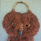 Vtg 70s Macrame 23  Big Eyed Owl  Orange Cholla Wood Perch  Boho Hippie Nature 