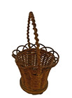 Vintage Tiny Round Flower Or Gathering Basket W   Handle  Woven Wicker  Brown
