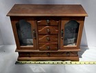 Vtg Wood Tabletop Jewelry Box Armoire Etched Glass Doors 4 Drawers Mirror Hooks