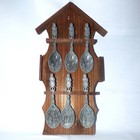 Vintage Dutch Pewter Spoons Set 6pc Wooden House Rack Wall Hanging Jan Steen Art