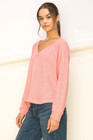Double Zero V-neck Waffle Knit Long Sleeve Top Women s In Rose Pink