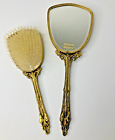 Vintage Globe Boudoir Mirror And Brush Vanity Set 24kt  Gold Plated Roses
