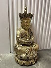 Antique Asian Buddha Sitting Temple Statue Large Carved Wood Colored Gold 64 Lb