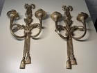 Pair French Bow Wall Sconce Candle Holder Double 2 Arm Tapered Solid Brass 