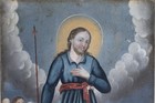 Antique Mexican  san Isidro Labrador  Retablo  Oil Painting On Tin - 14  X 10 