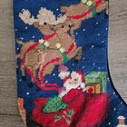 Vtg Needlepoint Christmas Stocking Santa   s Flight Reindeer Rooftops Velvet Back