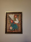 Framed Mexican Folk Art Painting On Amate Bark     Bird   Rabbit Design